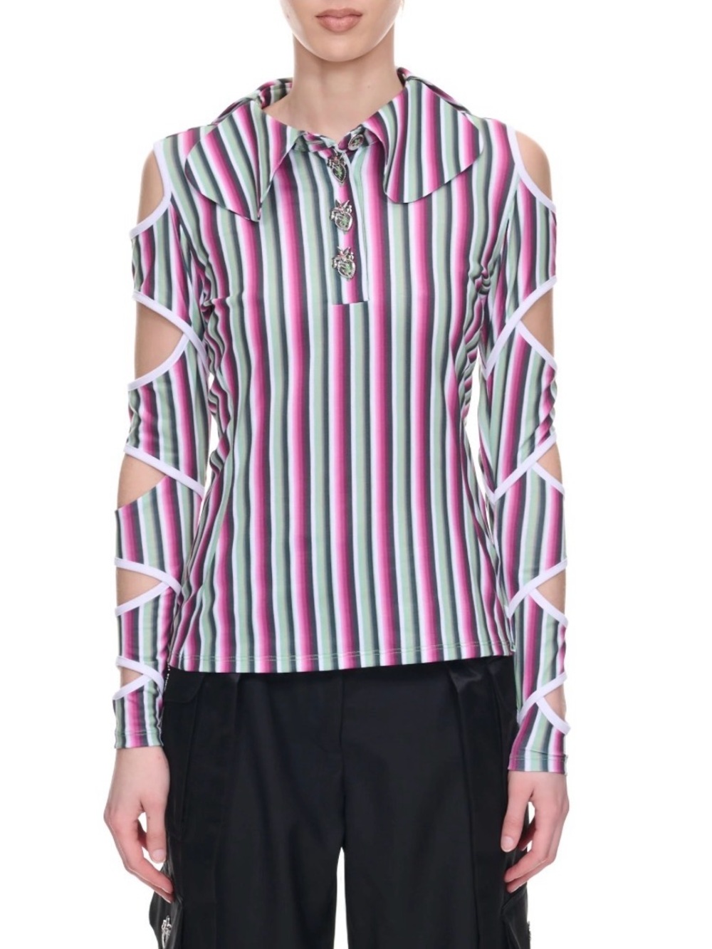 Chopova Lowena Rattler Pink Multi Stripe Ruffle Blouse Shirt Top